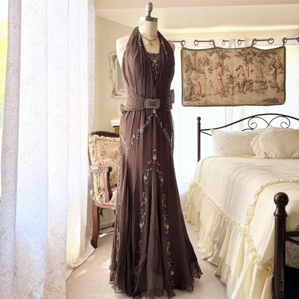 Scala Brown Chiffon Embellished Gown